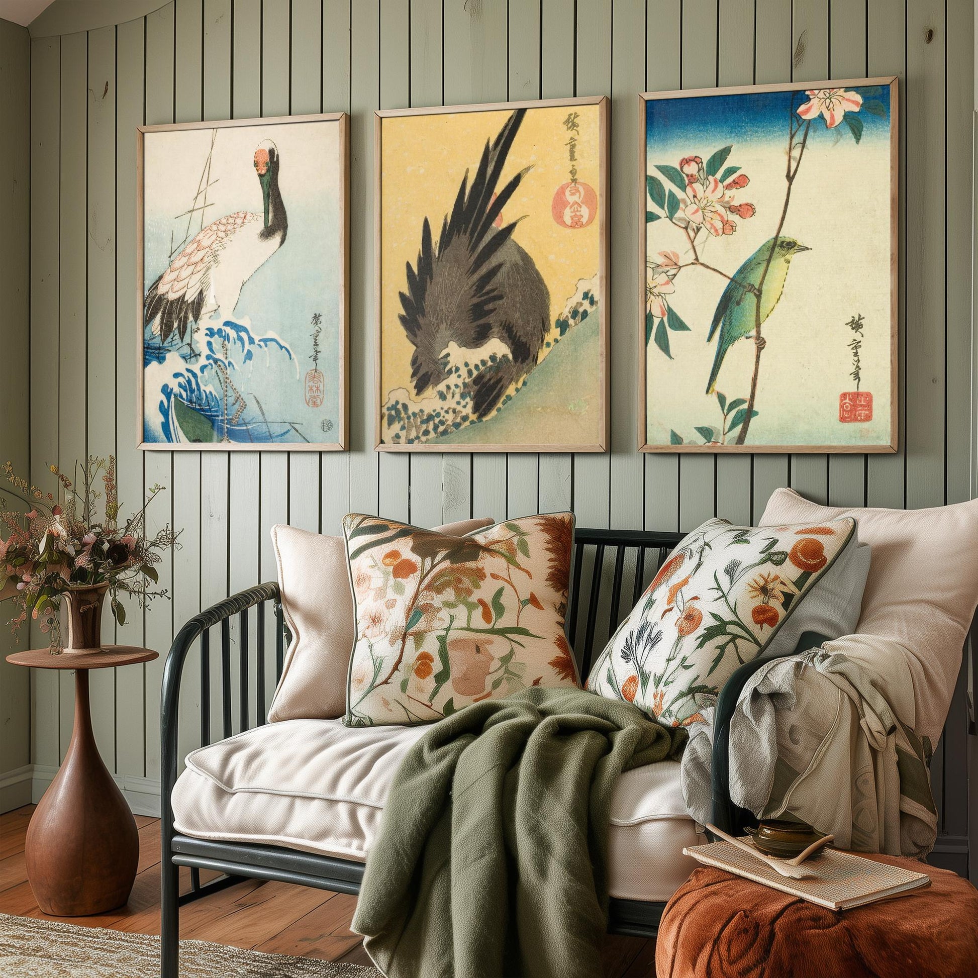 Utagawa Hiroshige Set of Three Art Prints | 3 Ukiyo-e Bird Paintings | Crane and Waves Rooster White-Eye Poster Wall Giclee