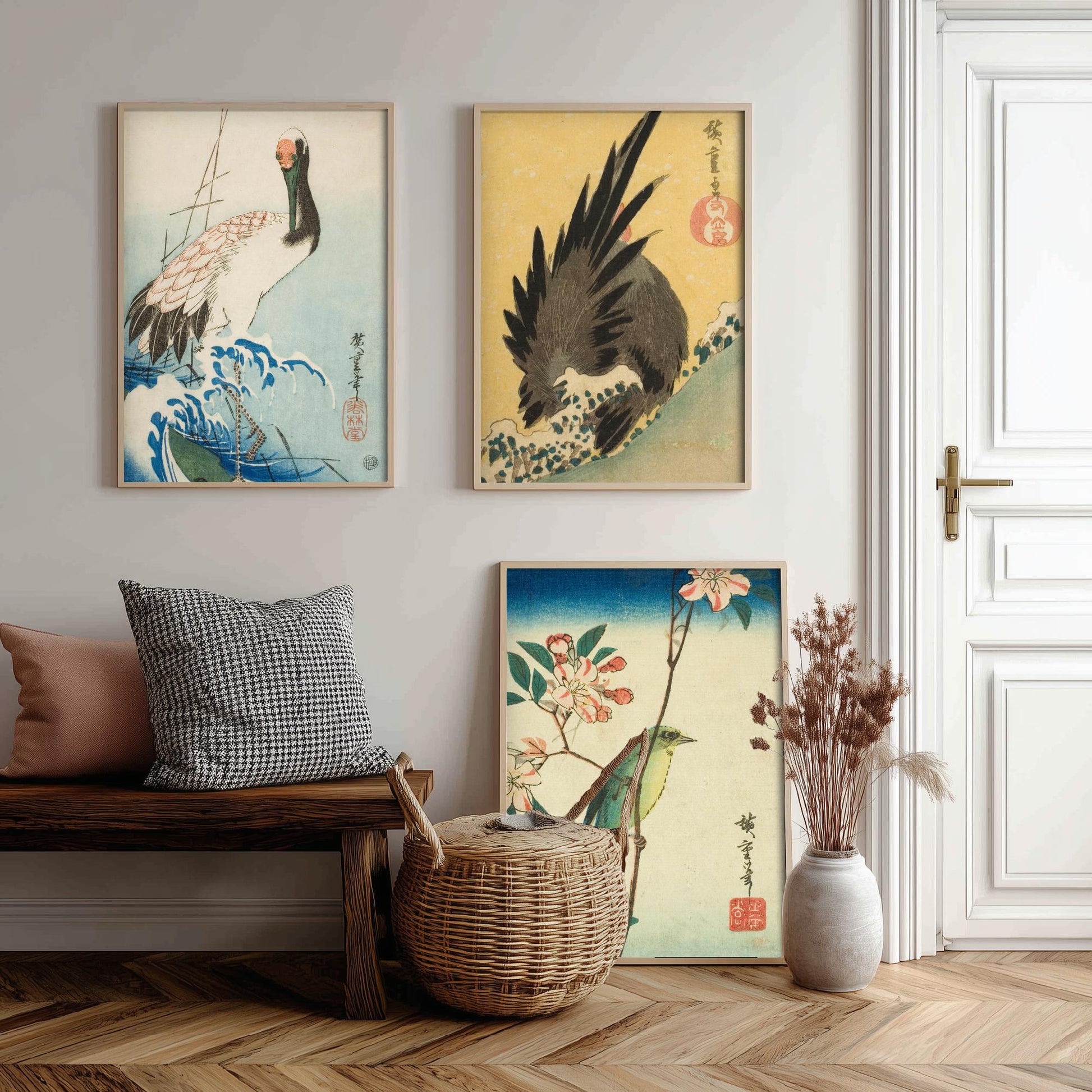 Utagawa Hiroshige Set of Three Art Prints | 3 Ukiyo-e Bird Paintings | Crane and Waves Rooster White-Eye Poster Wall Giclee