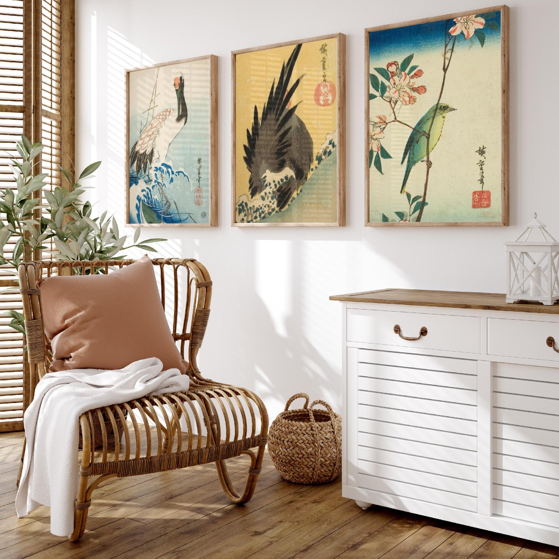 Utagawa Hiroshige Set of Three Art Prints | 3 Ukiyo-e Bird Paintings | Crane and Waves Rooster White-Eye Poster Wall Giclee