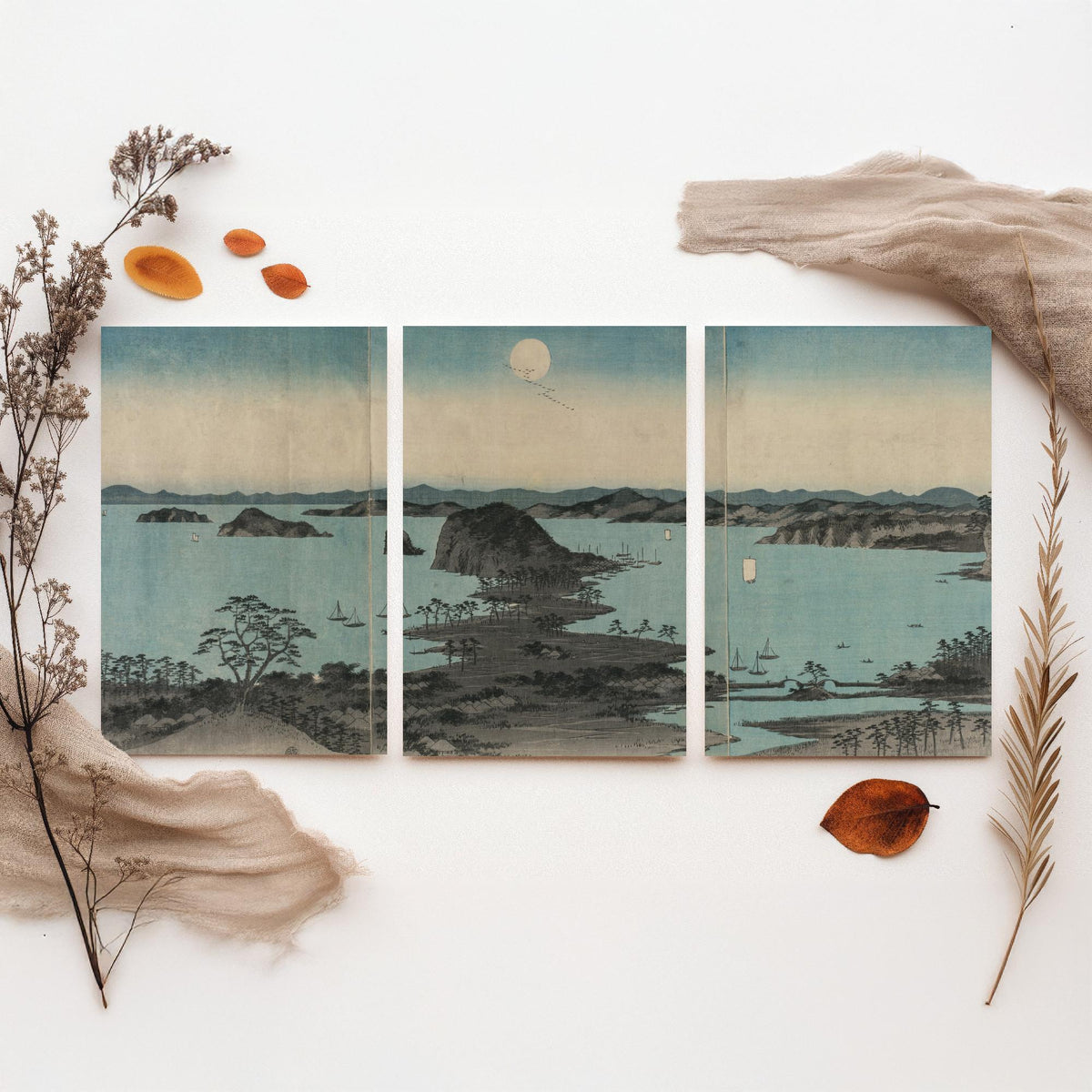 Hiroshige Eight Views of Kanazawa at Night Set of Three Art Prints - Moonlit Bay 1857 - Japanese Woodcut Poster