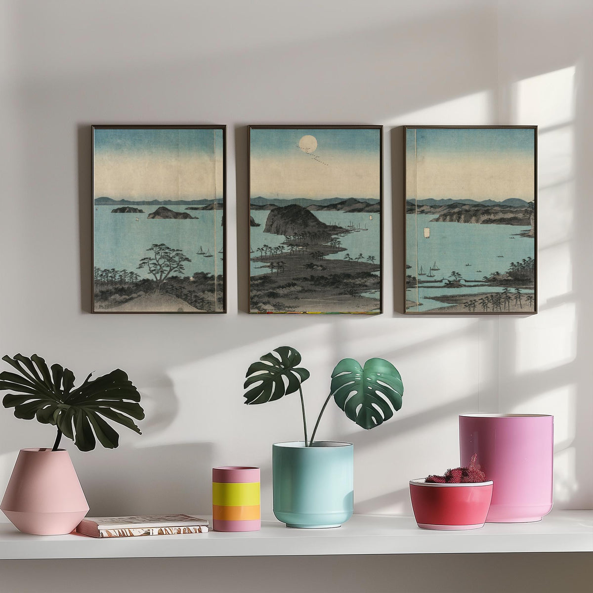 Hiroshige Eight Views of Kanazawa at Night Set of Three Art Prints - Moonlit Bay 1857 - Japanese Woodcut Poster