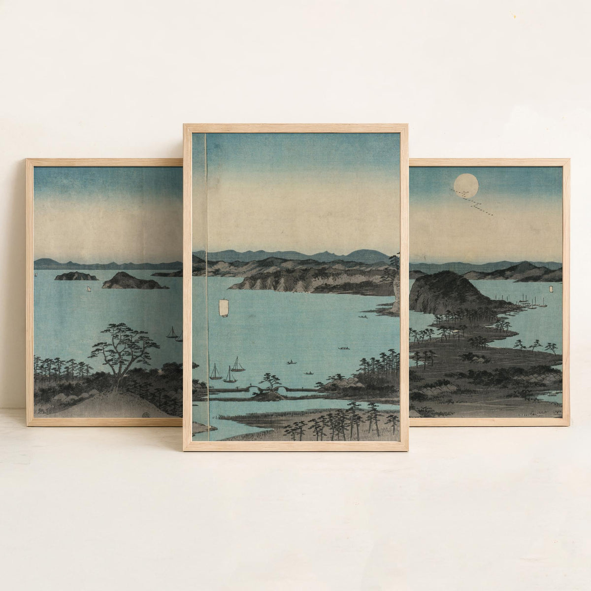 Hiroshige Eight Views of Kanazawa at Night Set of Three Art Prints - Moonlit Bay 1857 - Japanese Woodcut Poster