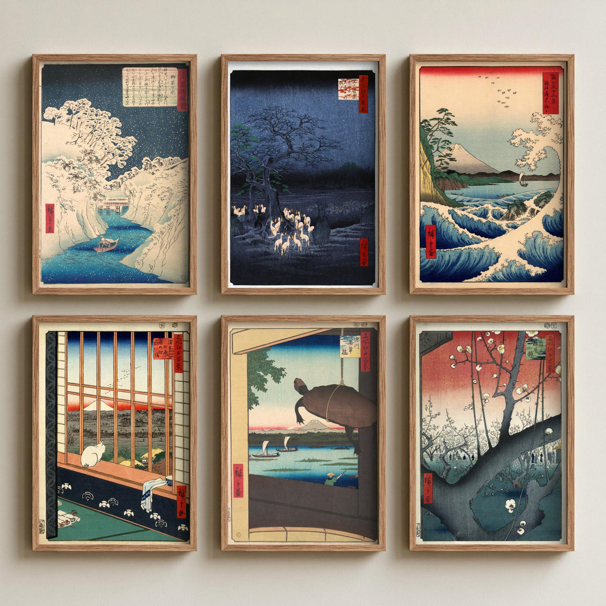 Set of Six Utagawa Hiroshige Art Prints - 6 Japanese Woodcut Posters - Fox Fires, Sea at Satta, Asakusa Ricefields, Plum Garden