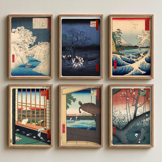 Set of Six Utagawa Hiroshige Art Prints - 6 Japanese Woodcut Posters - Fox Fires, Sea at Satta, Asakusa Ricefields, Plum Garden