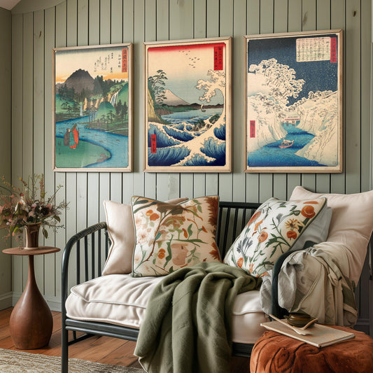 Set of Three Utagawa Hiroshige Water Prints - 3 Classic Paintings - Photo Poster Wall Art Gift Giclée Museum Quality - Jewel River, Seascape