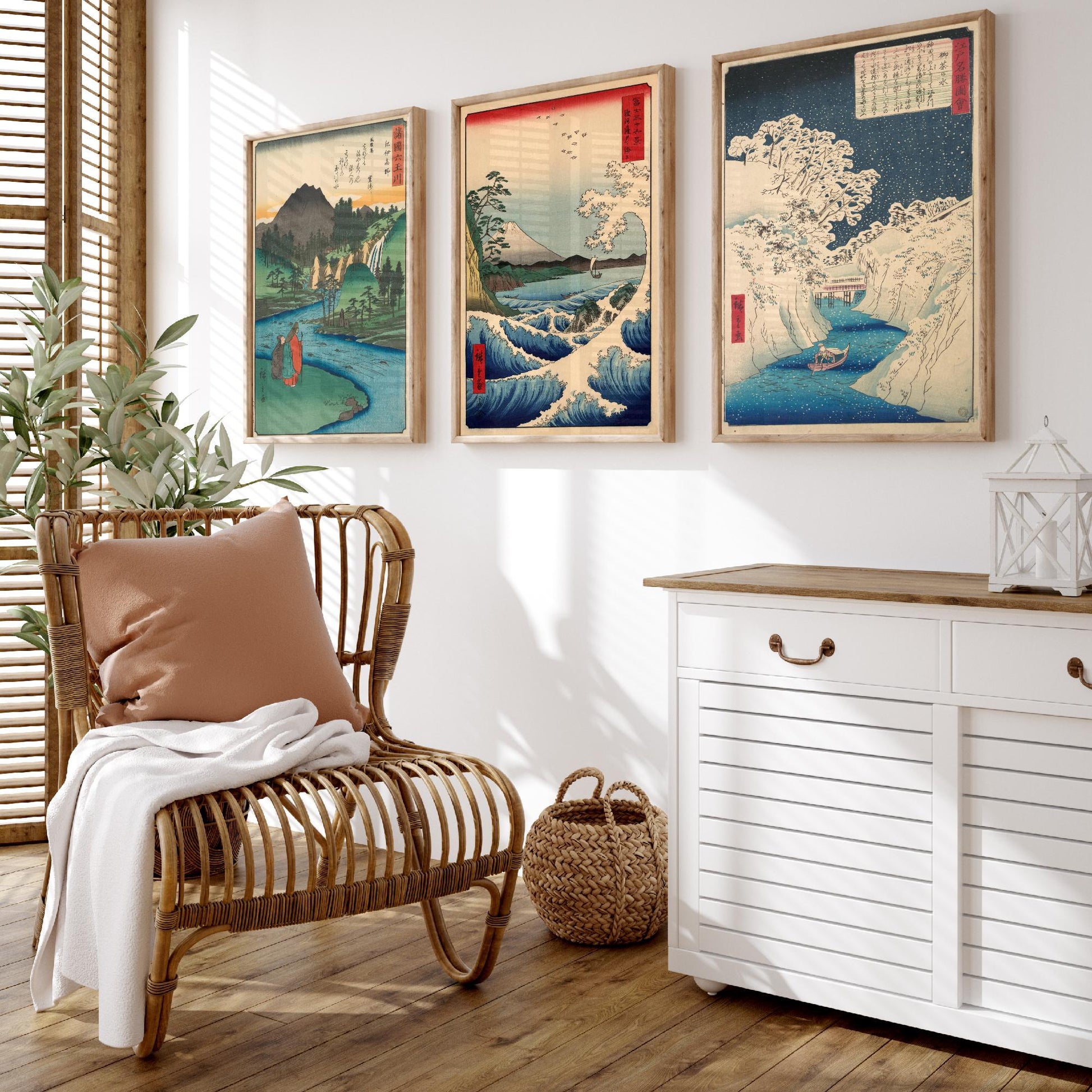 Utagawa Hiroshige Set of Three Art Prints | 3 Ukiyo-e Landscape Paintings | Jewel River Satta Seascape Ochanomizu Poster Museum