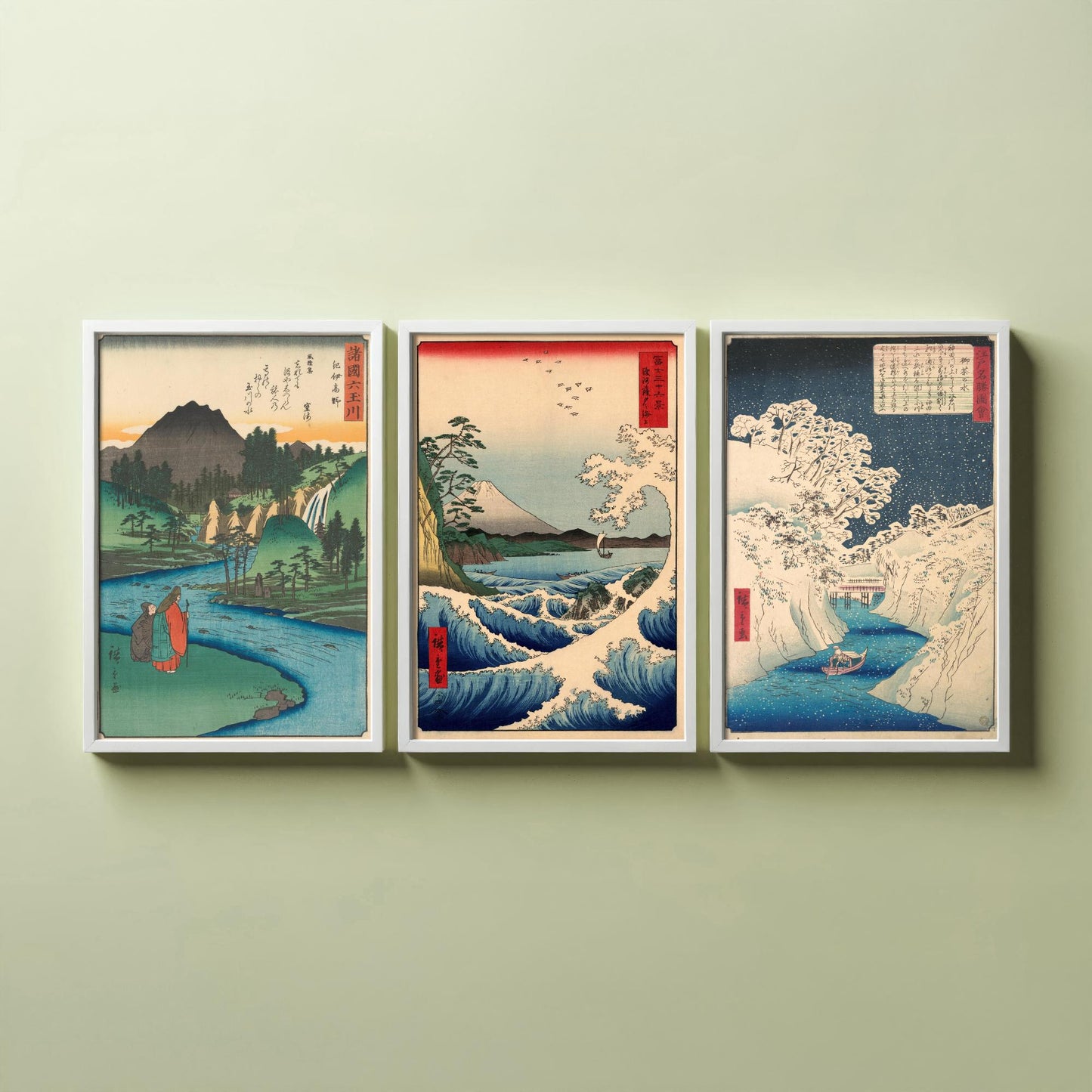 Utagawa Hiroshige Set of Three Art Prints | 3 Ukiyo-e Landscape Paintings | Jewel River Satta Seascape Ochanomizu Poster Museum