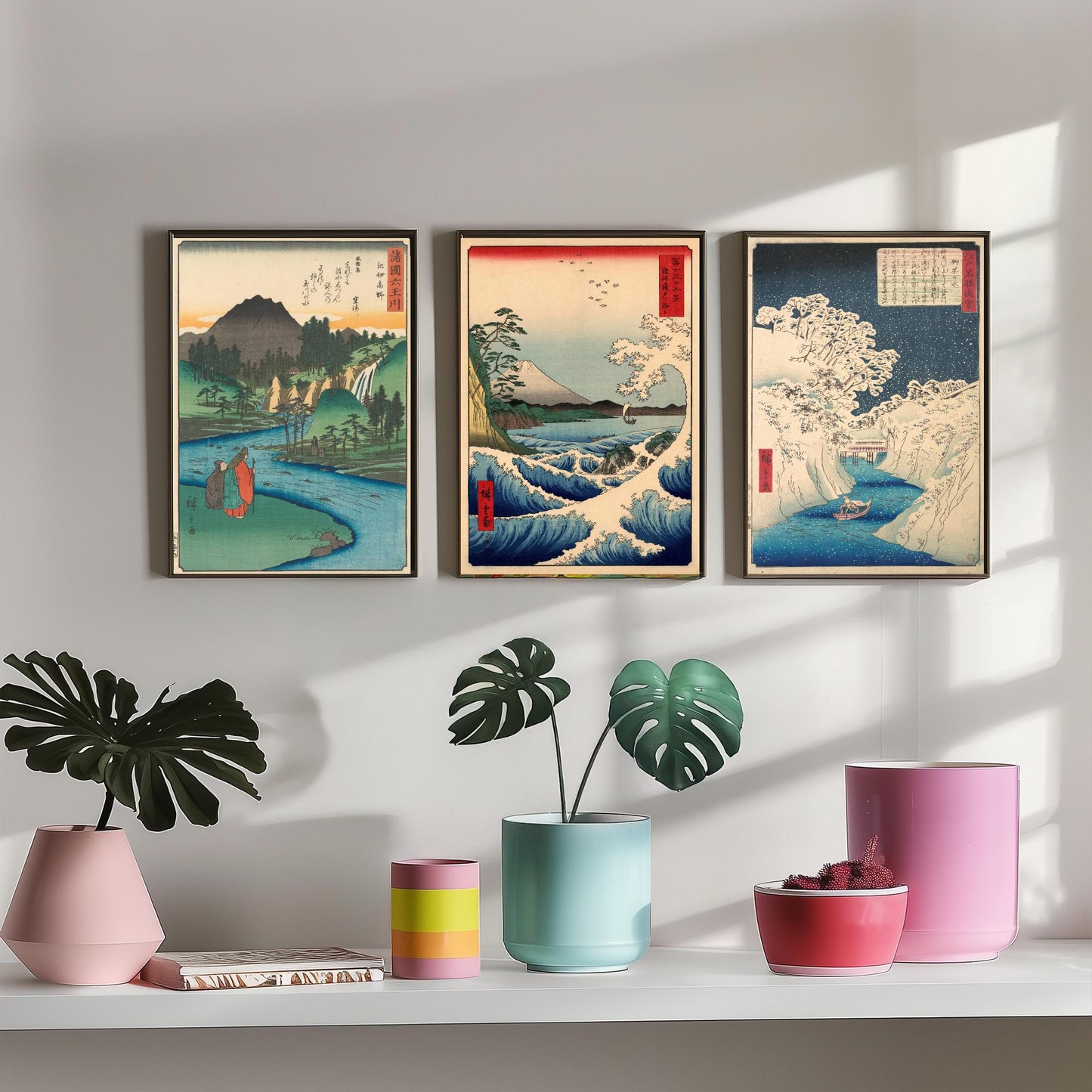 Utagawa Hiroshige Set of Three Art Prints | 3 Ukiyo-e Landscape Paintings | Jewel River Satta Seascape Ochanomizu Poster Museum