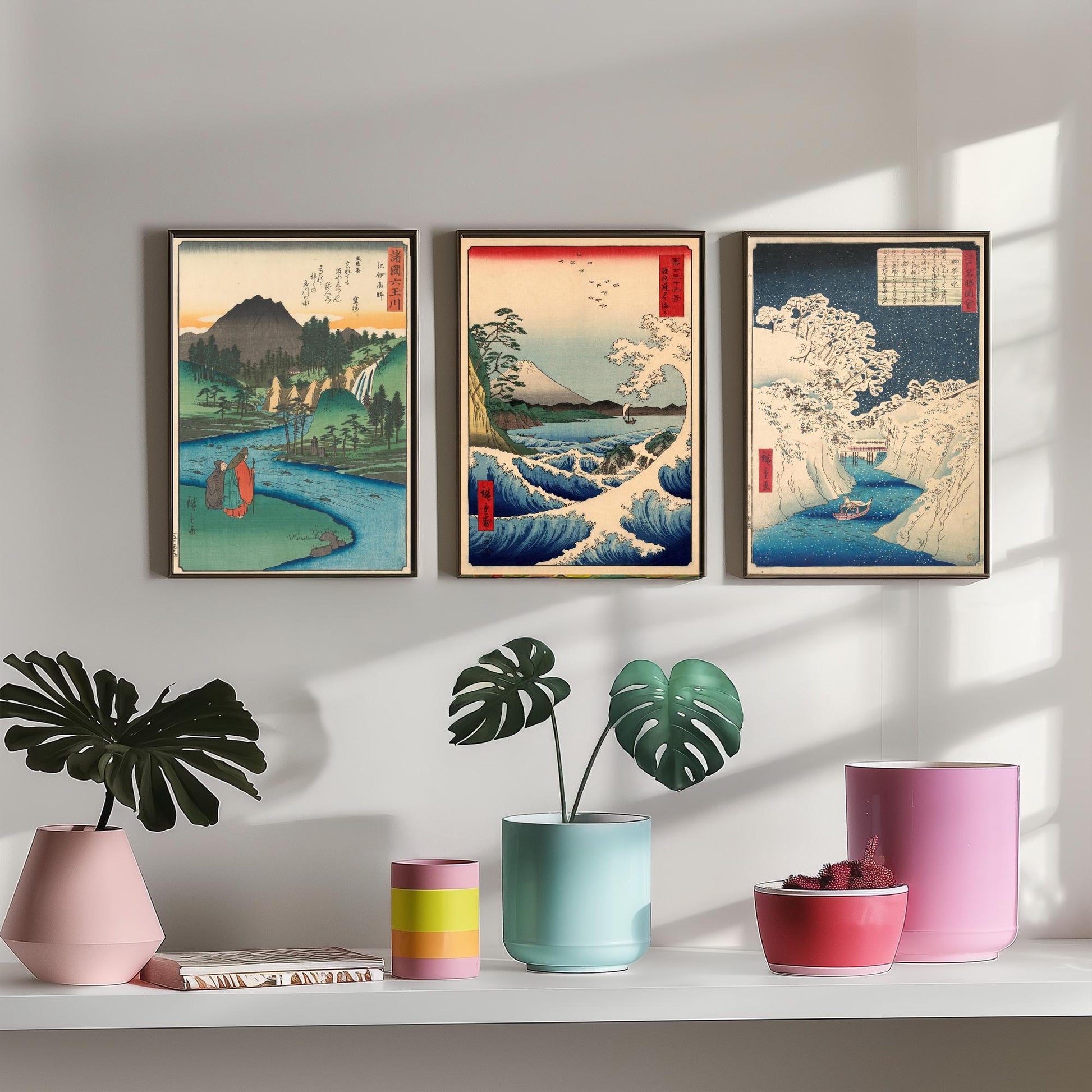 Utagawa Hiroshige Set of Three Art Prints | 3 Ukiyo-e Landscape Paintings | Jewel River Satta Seascape Ochanomizu Poster Museum