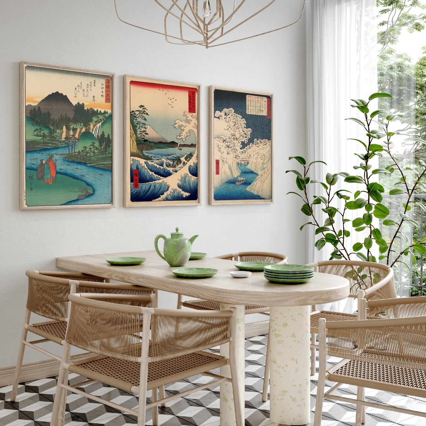 Utagawa Hiroshige Set of Three Art Prints | 3 Ukiyo-e Landscape Paintings | Jewel River Satta Seascape Ochanomizu Poster Museum