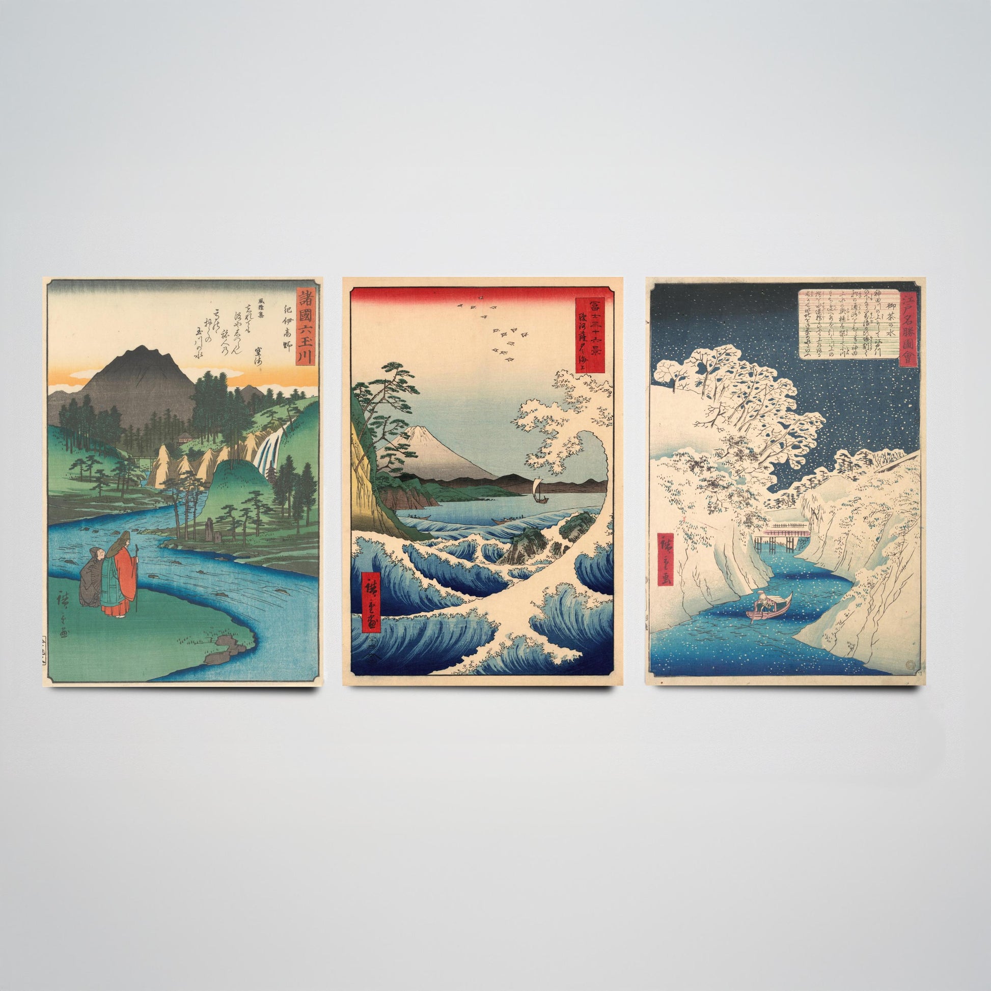 Utagawa Hiroshige Set of Three Art Prints | 3 Ukiyo-e Landscape Paintings | Jewel River Satta Seascape Ochanomizu Poster Museum