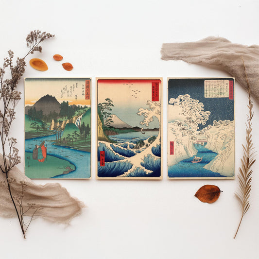 Utagawa Hiroshige Set of Three Art Prints | 3 Ukiyo-e Landscape Paintings | Jewel River Satta Seascape Ochanomizu Poster Museum