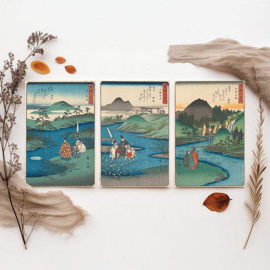 Hiroshige Six Jewel Rivers Set of Three Art Prints - Noji, Ide, Koya Tama River Scenes - Japanese Ukiyo-e Woodcut Poster