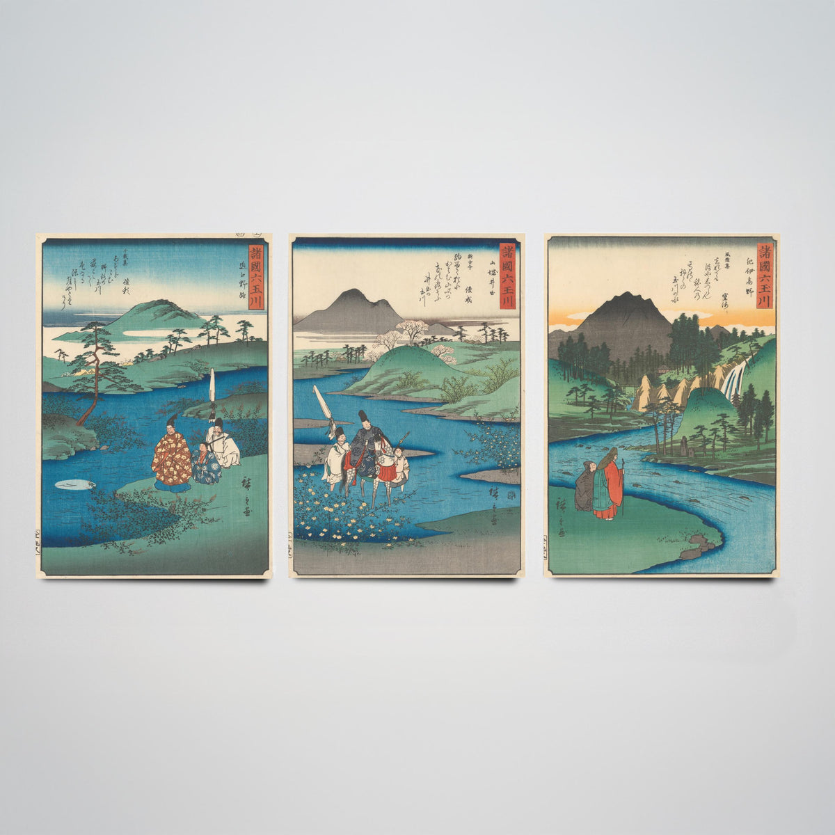 Hiroshige Six Jewel Rivers Set of Three Art Prints - Noji, Ide, Koya Tama River Scenes - Japanese Ukiyo-e Woodcut Poster