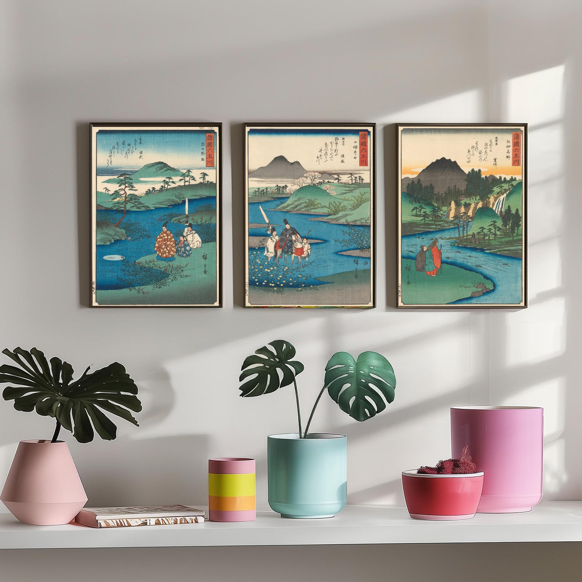 Hiroshige Six Jewel Rivers Set of Three Art Prints - Noji, Ide, Koya Tama River Scenes - Japanese Ukiyo-e Woodcut Poster