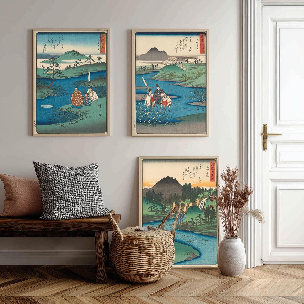 Hiroshige Six Jewel Rivers Set of Three Art Prints - Noji, Ide, Koya Tama River Scenes - Japanese Ukiyo-e Woodcut Poster