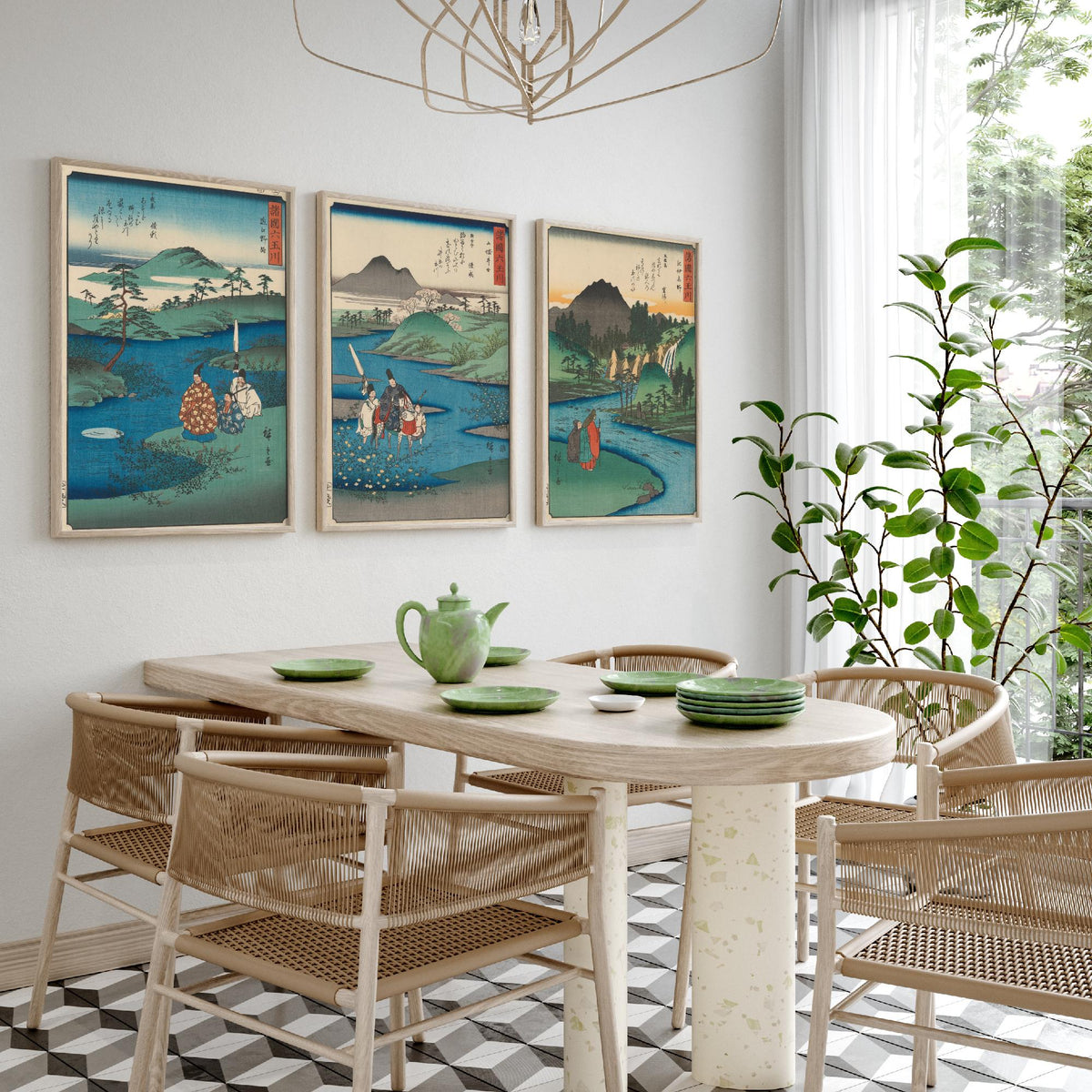 Hiroshige Six Jewel Rivers Set of Three Art Prints - Noji, Ide, Koya Tama River Scenes - Japanese Ukiyo-e Woodcut Poster