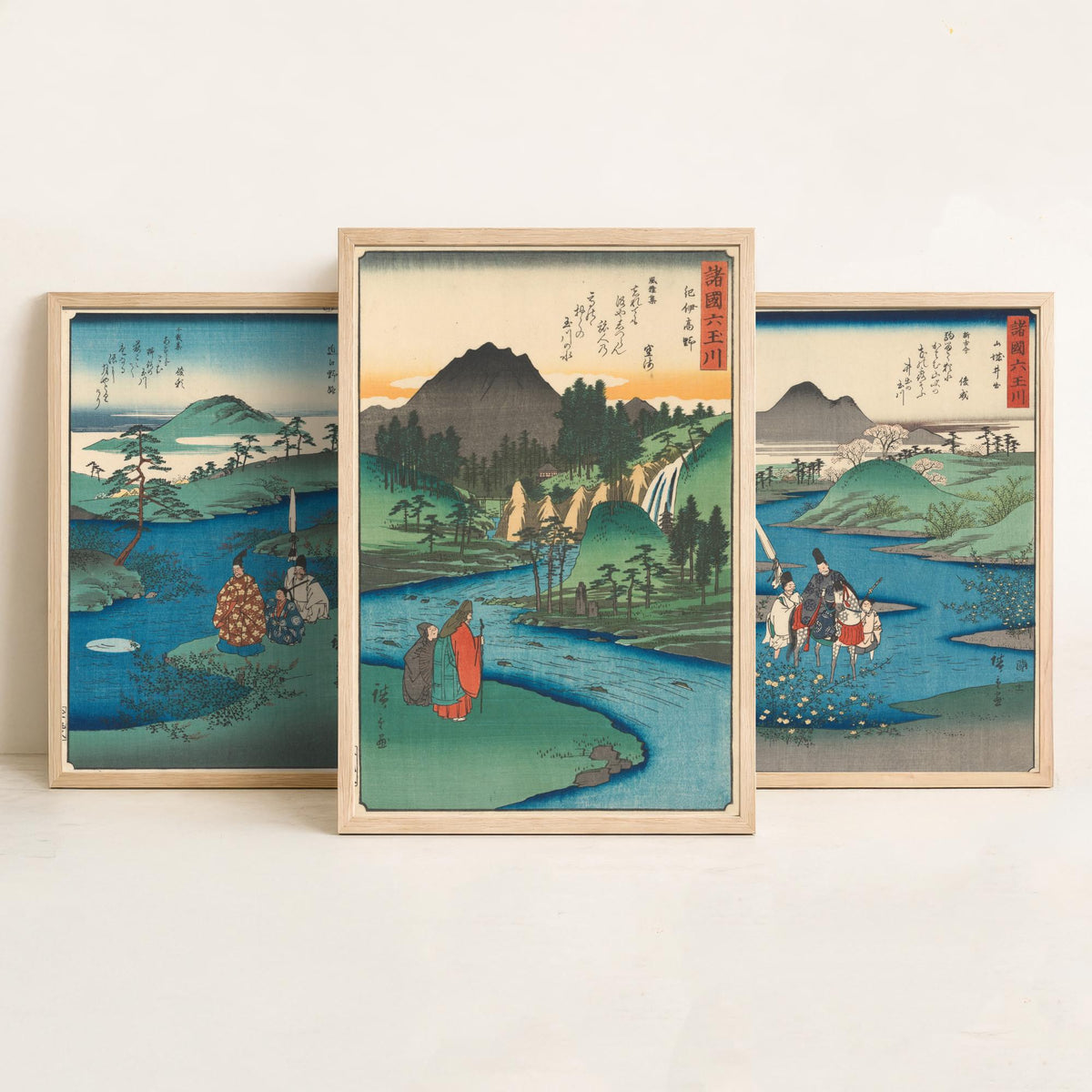 Hiroshige Six Jewel Rivers Set of Three Art Prints - Noji, Ide, Koya Tama River Scenes - Japanese Ukiyo-e Woodcut Poster