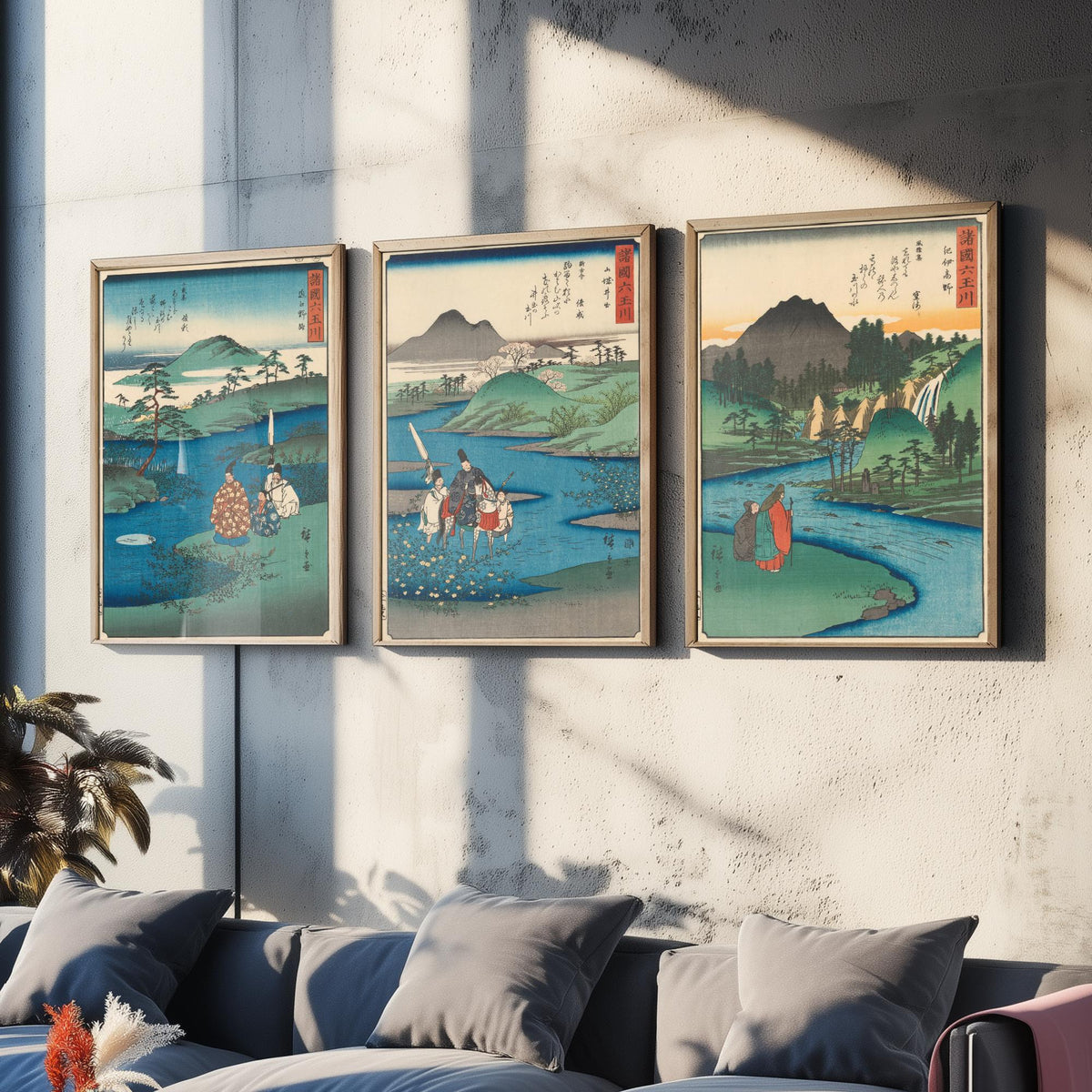 Hiroshige Six Jewel Rivers Set of Three Art Prints - Noji, Ide, Koya Tama River Scenes - Japanese Ukiyo-e Woodcut Poster