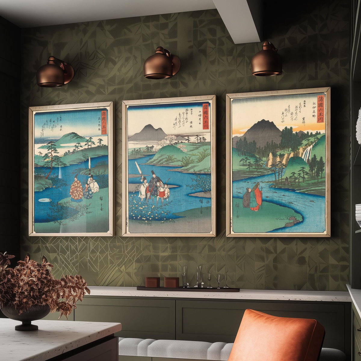 Hiroshige Six Jewel Rivers Set of Three Art Prints - Noji, Ide, Koya Tama River Scenes - Japanese Ukiyo-e Woodcut Poster