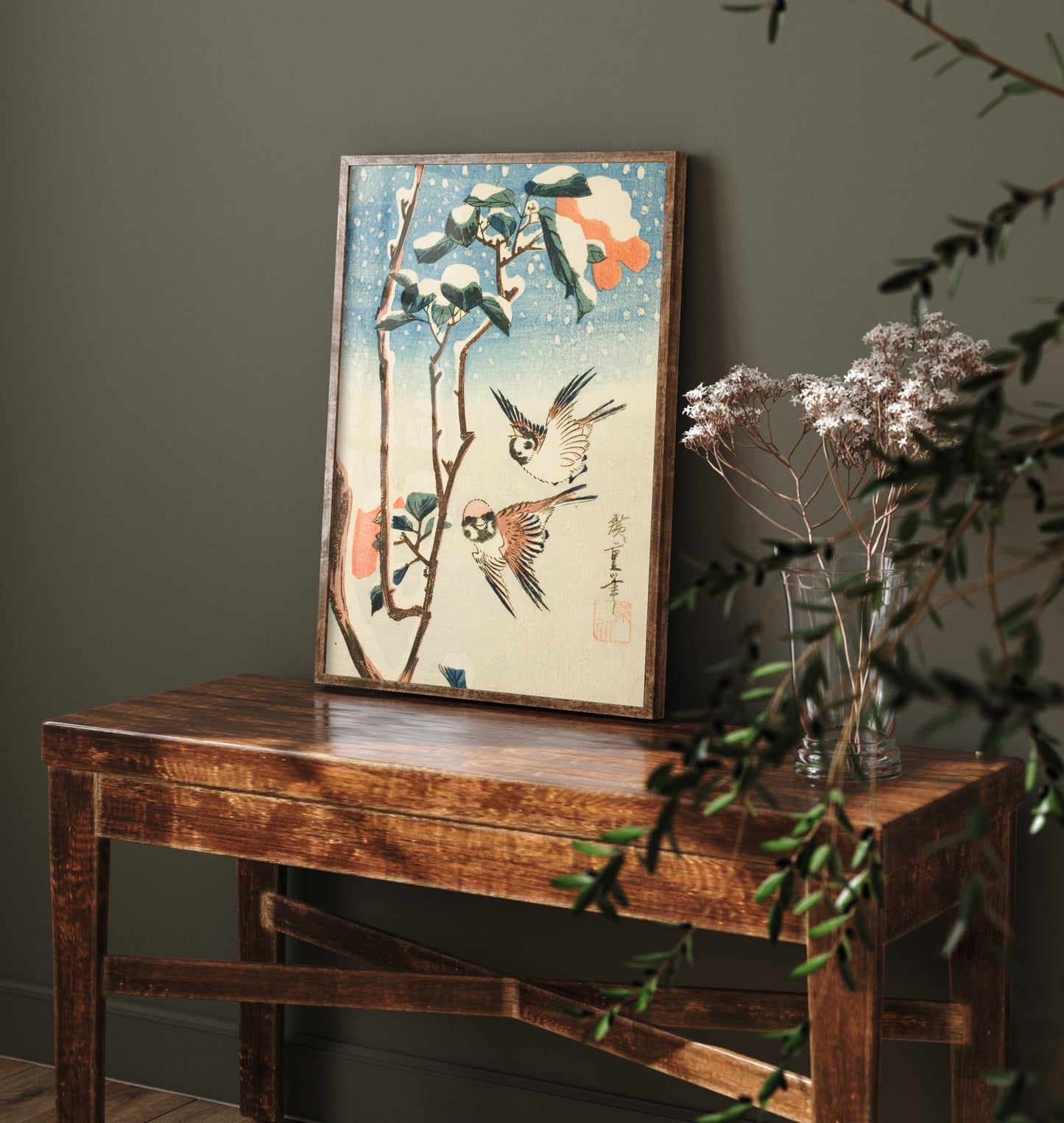 Utagawa Hiroshige Sparrows and Camellia Art Print - Japanese Woodblock Painting Poster - Snow Bird Wall Art 1/3