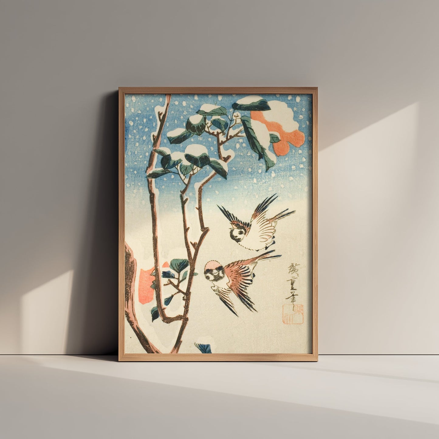 Utagawa Hiroshige Sparrows and Camellia Art Print - Japanese Woodblock Painting Poster - Snow Bird Wall Art 1/3