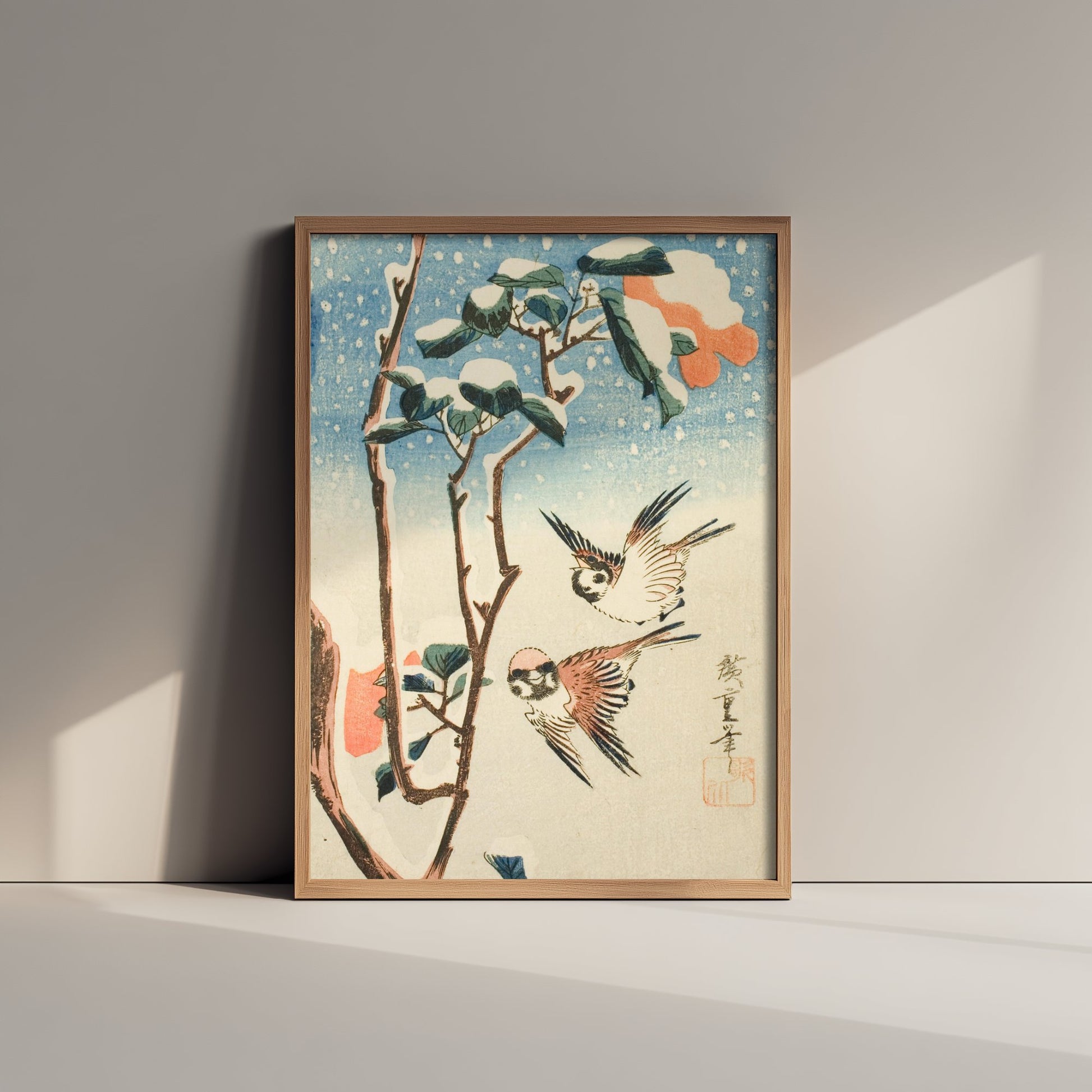 Utagawa Hiroshige Sparrows and Camellia Art Print - Japanese Woodblock Painting Poster - Snow Bird Wall Art 1/3