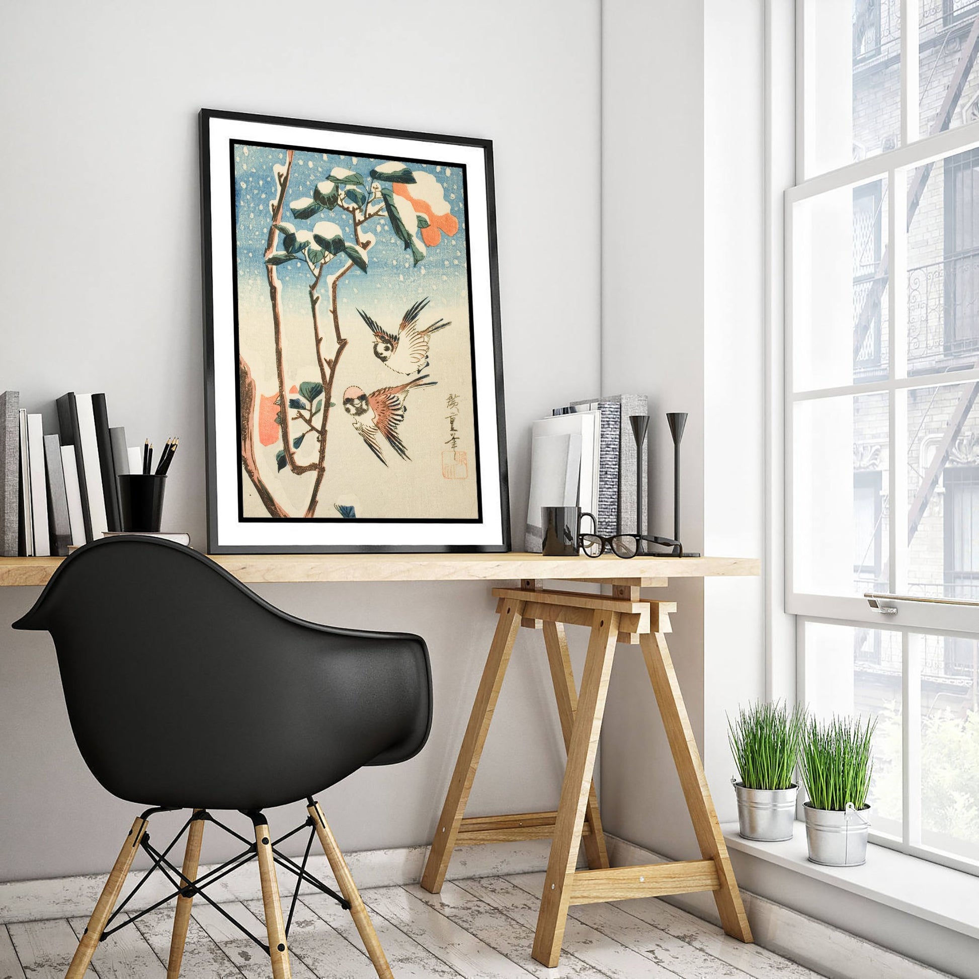 Utagawa Hiroshige Sparrows and Camellia Art Print - Japanese Woodblock Painting Poster - Snow Bird Wall Art 1/3