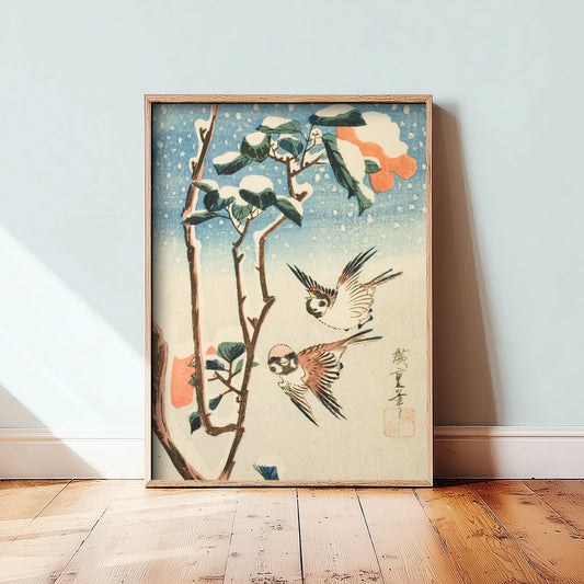 Utagawa Hiroshige Sparrows and Camellia Art Print - Japanese Woodblock Painting Poster - Snow Bird Wall Art 1/3