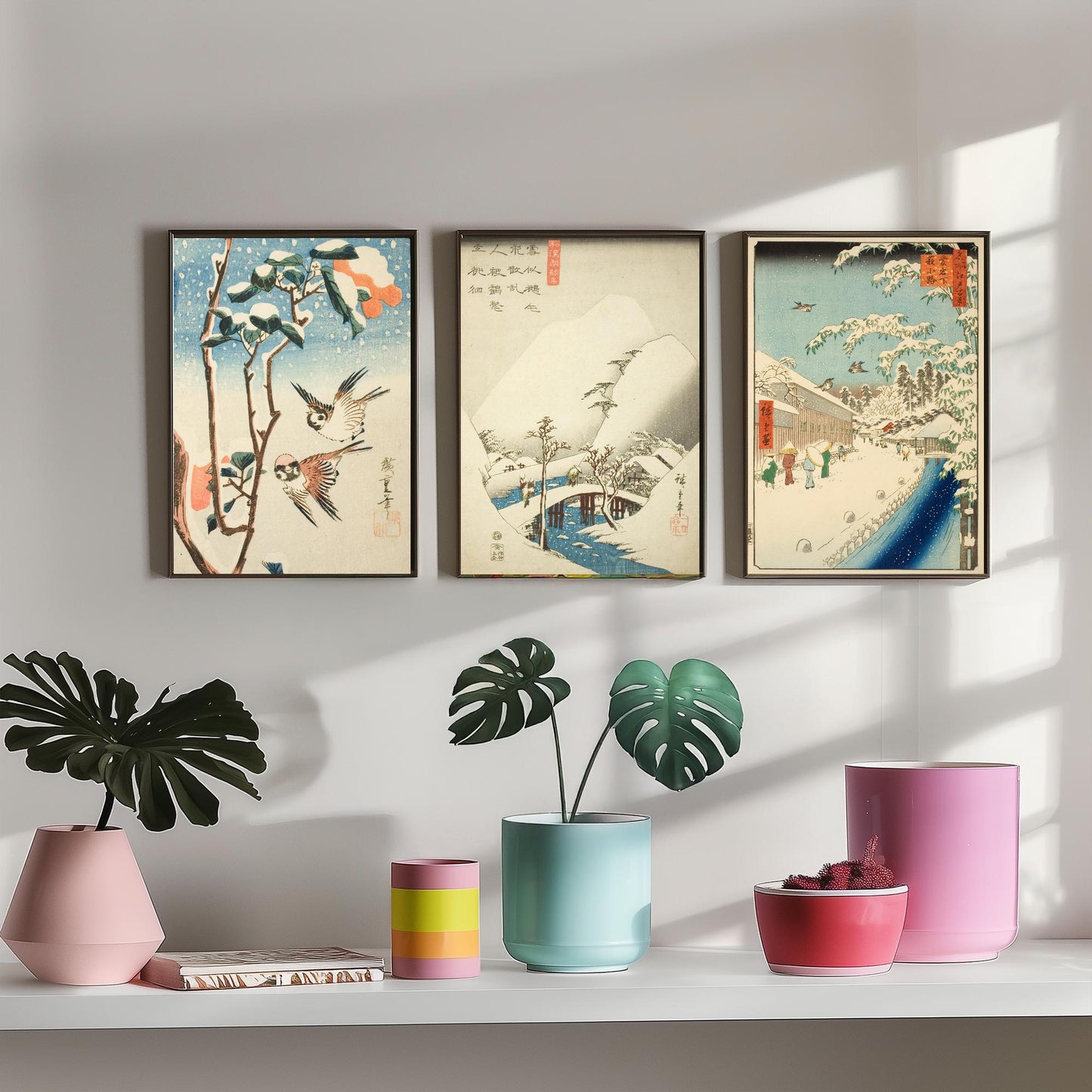 Utagawa Hiroshige Set of Three Art Prints | 3 Ukiyo-e Snow Paintings | Sparrows and Camellia Bridge Yabu Street Poster Museum