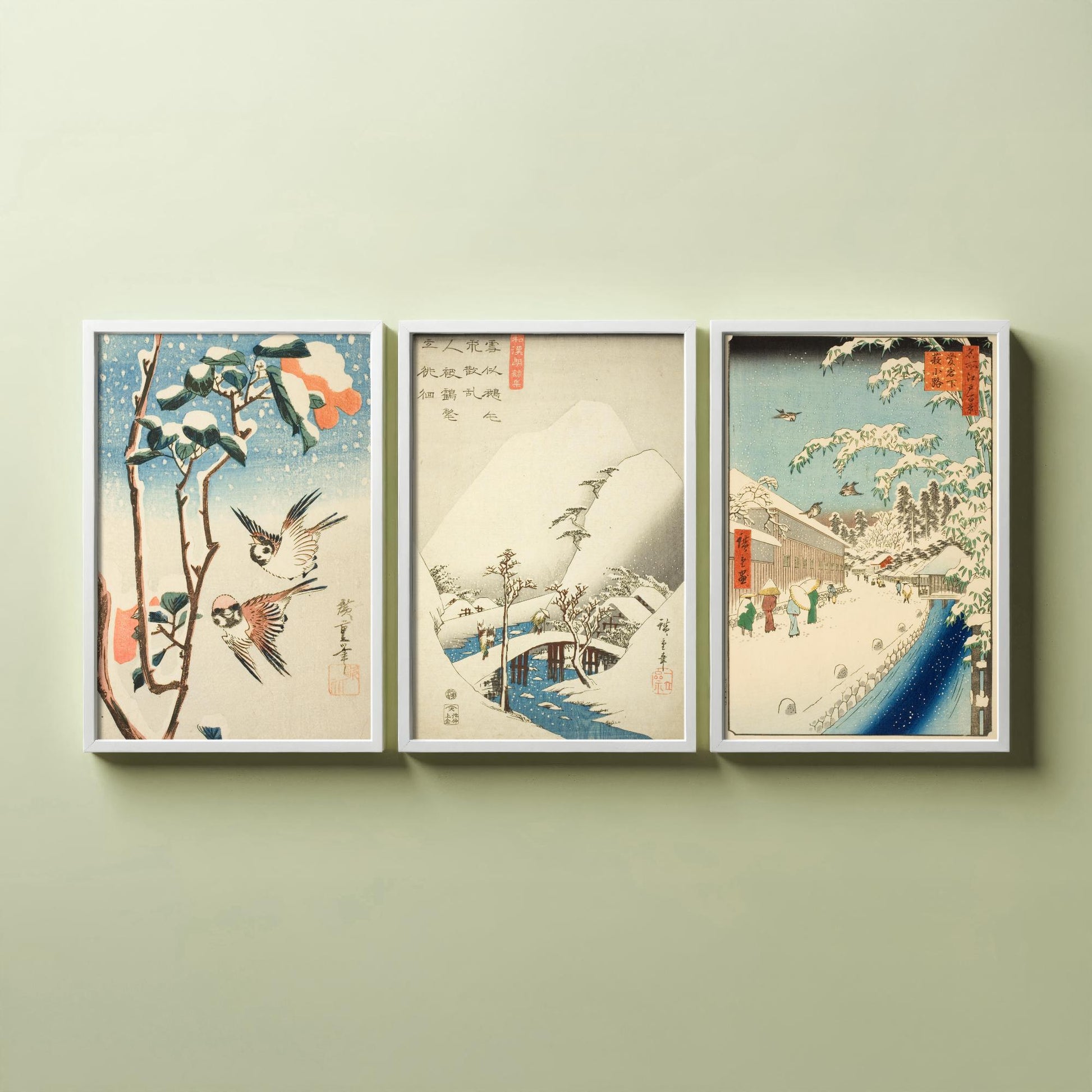 Utagawa Hiroshige Set of Three Art Prints | 3 Ukiyo-e Snow Paintings | Sparrows and Camellia Bridge Yabu Street Poster Museum