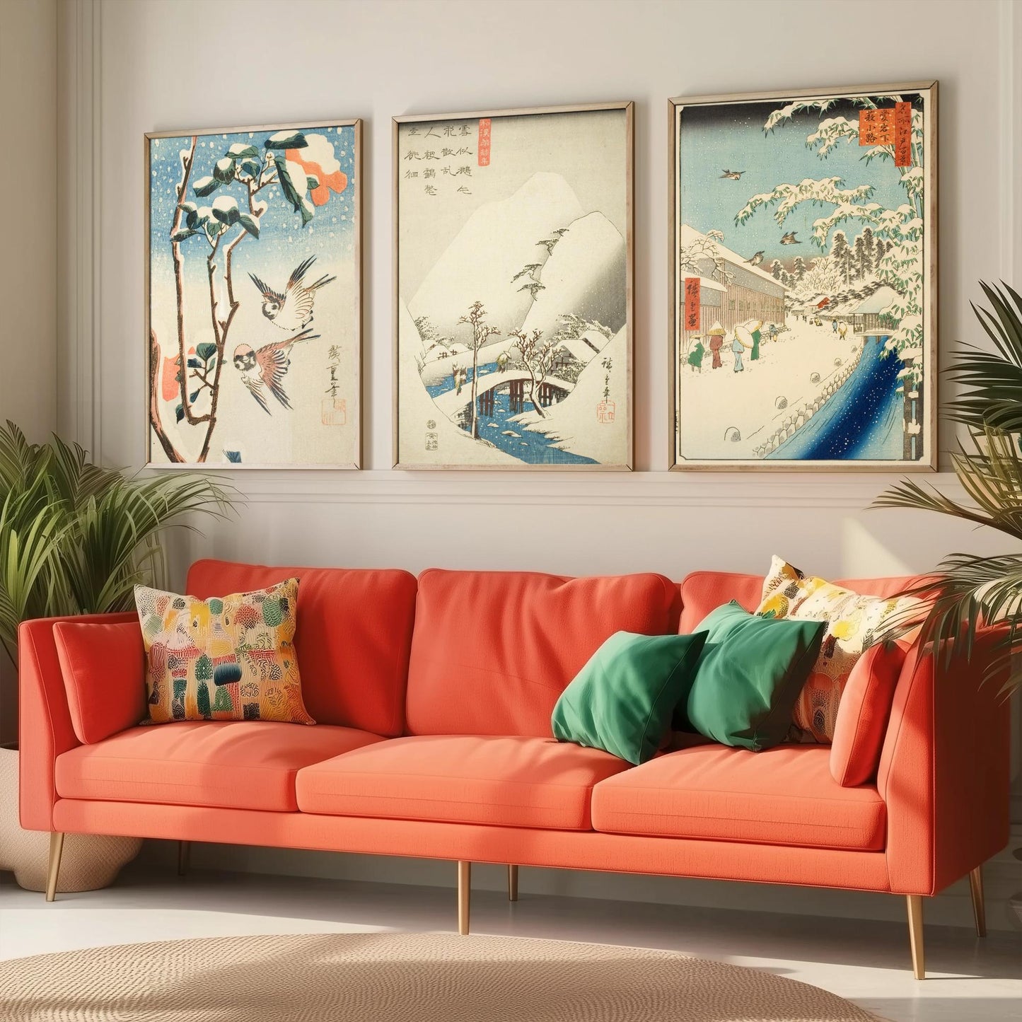 Utagawa Hiroshige Set of Three Art Prints | 3 Ukiyo-e Snow Paintings | Sparrows and Camellia Bridge Yabu Street Poster Museum