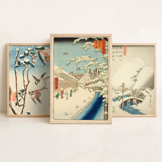 Utagawa Hiroshige Set of Three Art Prints | 3 Ukiyo-e Snow Paintings | Sparrows and Camellia Bridge Yabu Street Poster Museum