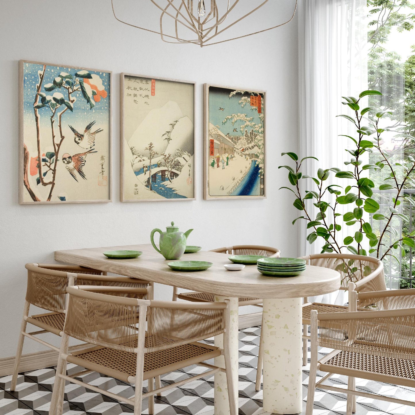Utagawa Hiroshige Set of Three Art Prints | 3 Ukiyo-e Snow Paintings | Sparrows and Camellia Bridge Yabu Street Poster Museum