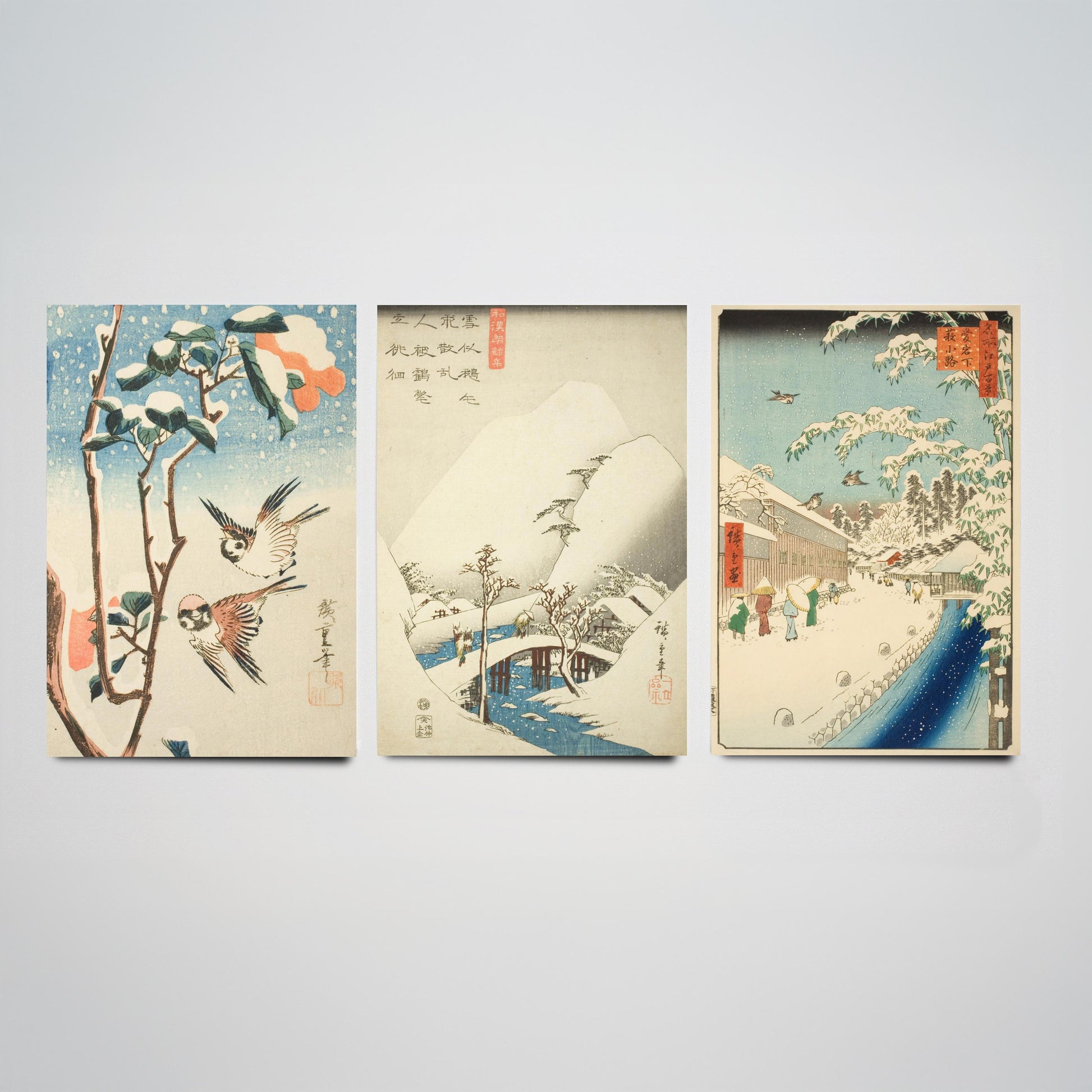 Utagawa Hiroshige Set of Three Art Prints | 3 Ukiyo-e Snow Paintings | Sparrows and Camellia Bridge Yabu Street Poster Museum