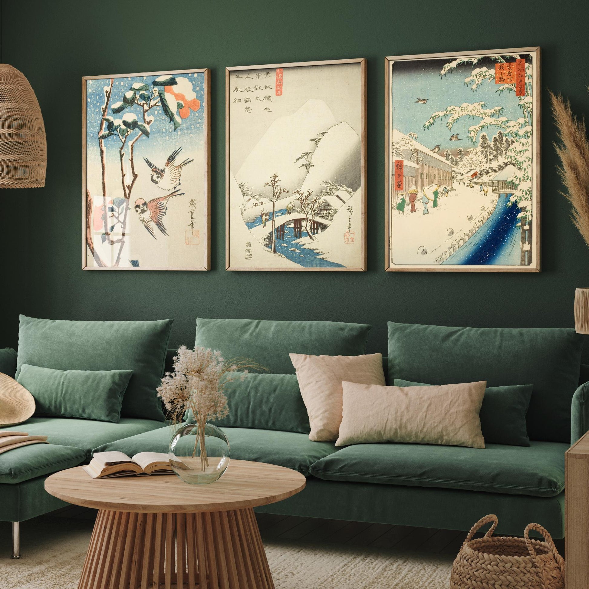 Utagawa Hiroshige Set of Three Art Prints | 3 Ukiyo-e Snow Paintings | Sparrows and Camellia Bridge Yabu Street Poster Museum