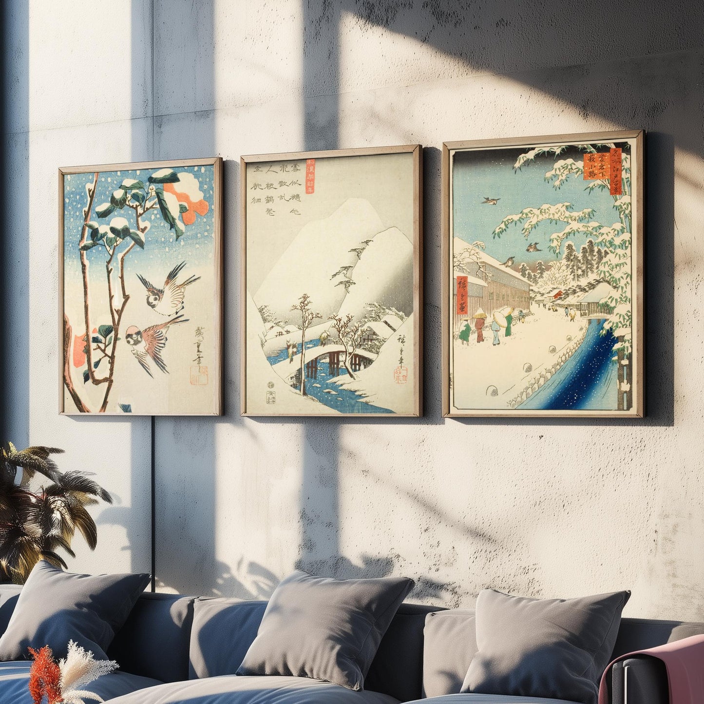 Utagawa Hiroshige Set of Three Art Prints | 3 Ukiyo-e Snow Paintings | Sparrows and Camellia Bridge Yabu Street Poster Museum