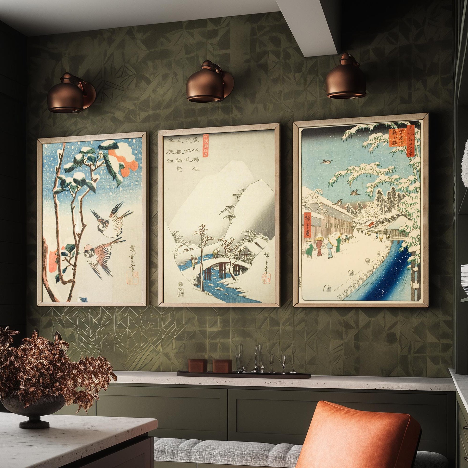 Utagawa Hiroshige Set of Three Art Prints | 3 Ukiyo-e Snow Paintings | Sparrows and Camellia Bridge Yabu Street Poster Museum