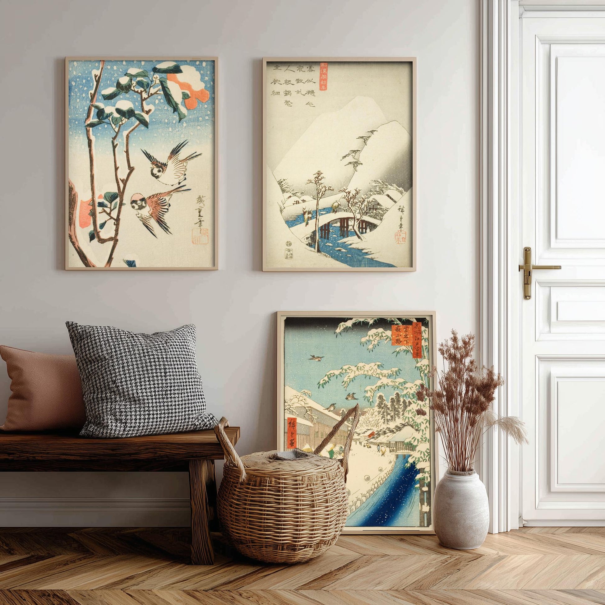 Utagawa Hiroshige Set of Three Art Prints | 3 Ukiyo-e Snow Paintings | Sparrows and Camellia Bridge Yabu Street Poster Museum