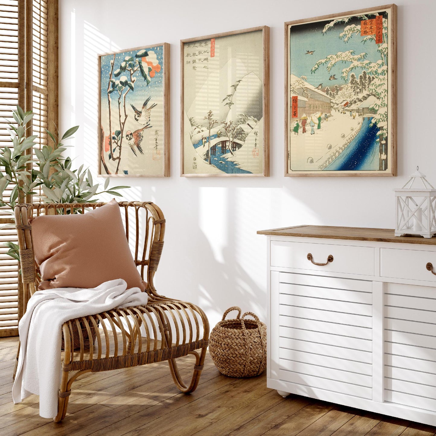 Utagawa Hiroshige Set of Three Art Prints | 3 Ukiyo-e Snow Paintings | Sparrows and Camellia Bridge Yabu Street Poster Museum