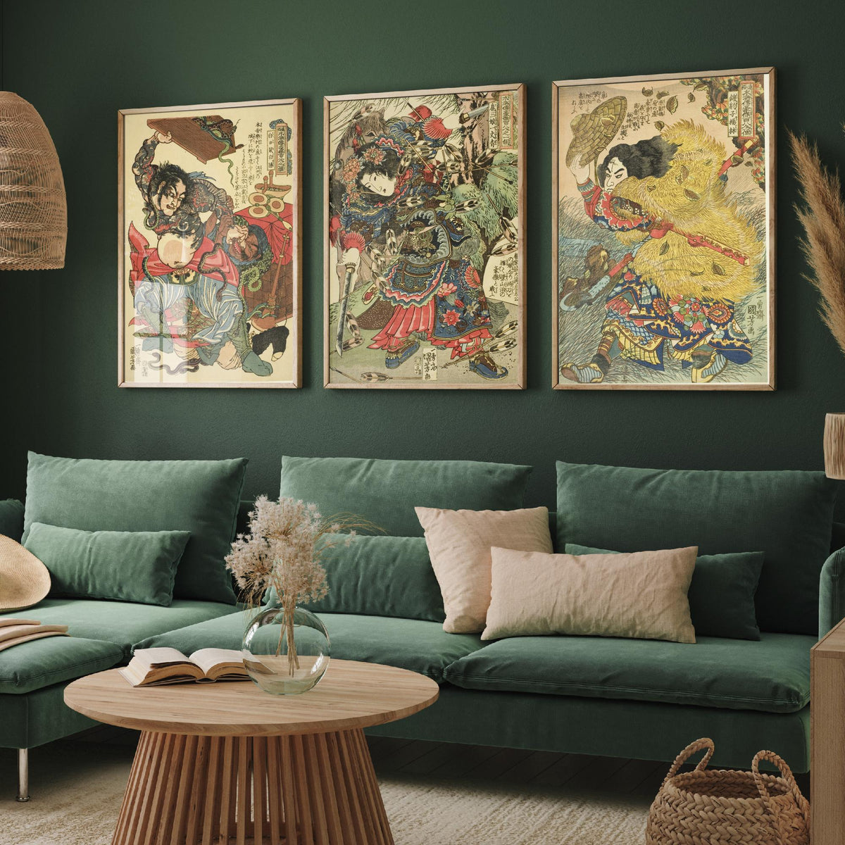 Kuniyoshi Suikoden Heroes Set of Three Art Prints - Bai Sheng, Hu Sanniang, Yang Lin - Japanese Warrior Woodcut Poster