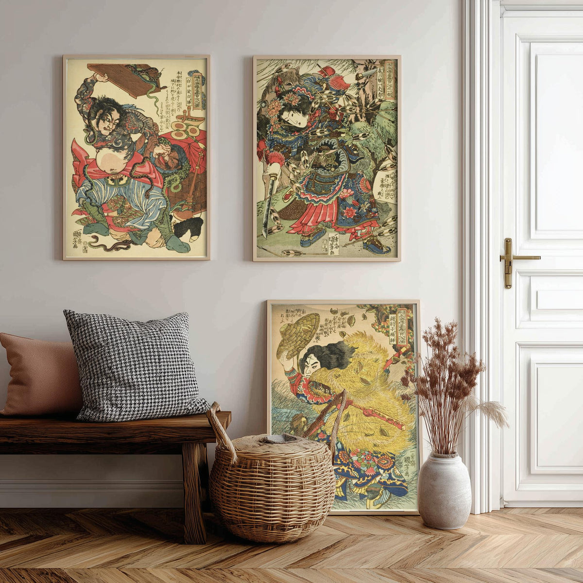 Kuniyoshi Suikoden Heroes Set of Three Art Prints - Bai Sheng, Hu Sanniang, Yang Lin - Japanese Warrior Woodcut Poster