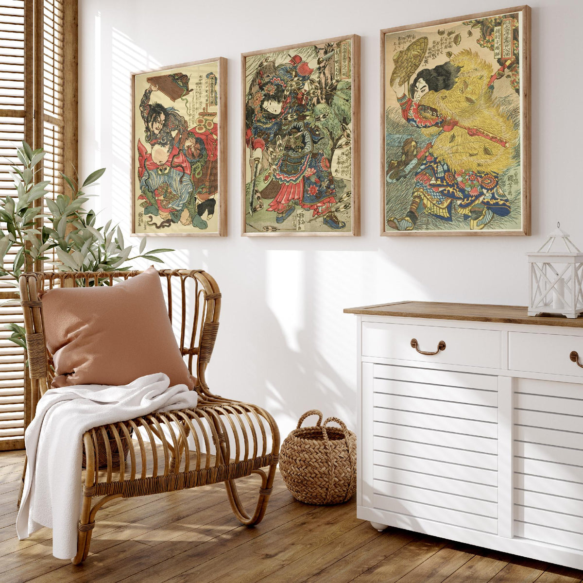 Kuniyoshi Suikoden Heroes Set of Three Art Prints - Bai Sheng, Hu Sanniang, Yang Lin - Japanese Warrior Woodcut Poster
