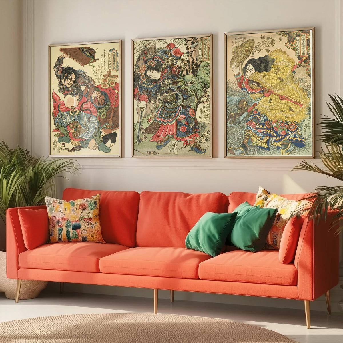 Kuniyoshi Suikoden Heroes Set of Three Art Prints - Bai Sheng, Hu Sanniang, Yang Lin - Japanese Warrior Woodcut Poster