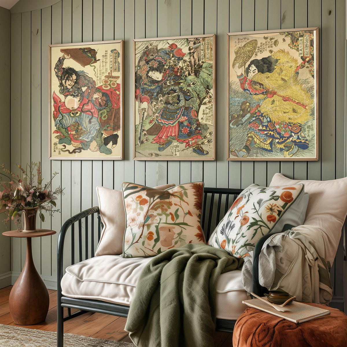Kuniyoshi Suikoden Heroes Set of Three Art Prints - Bai Sheng, Hu Sanniang, Yang Lin - Japanese Warrior Woodcut Poster