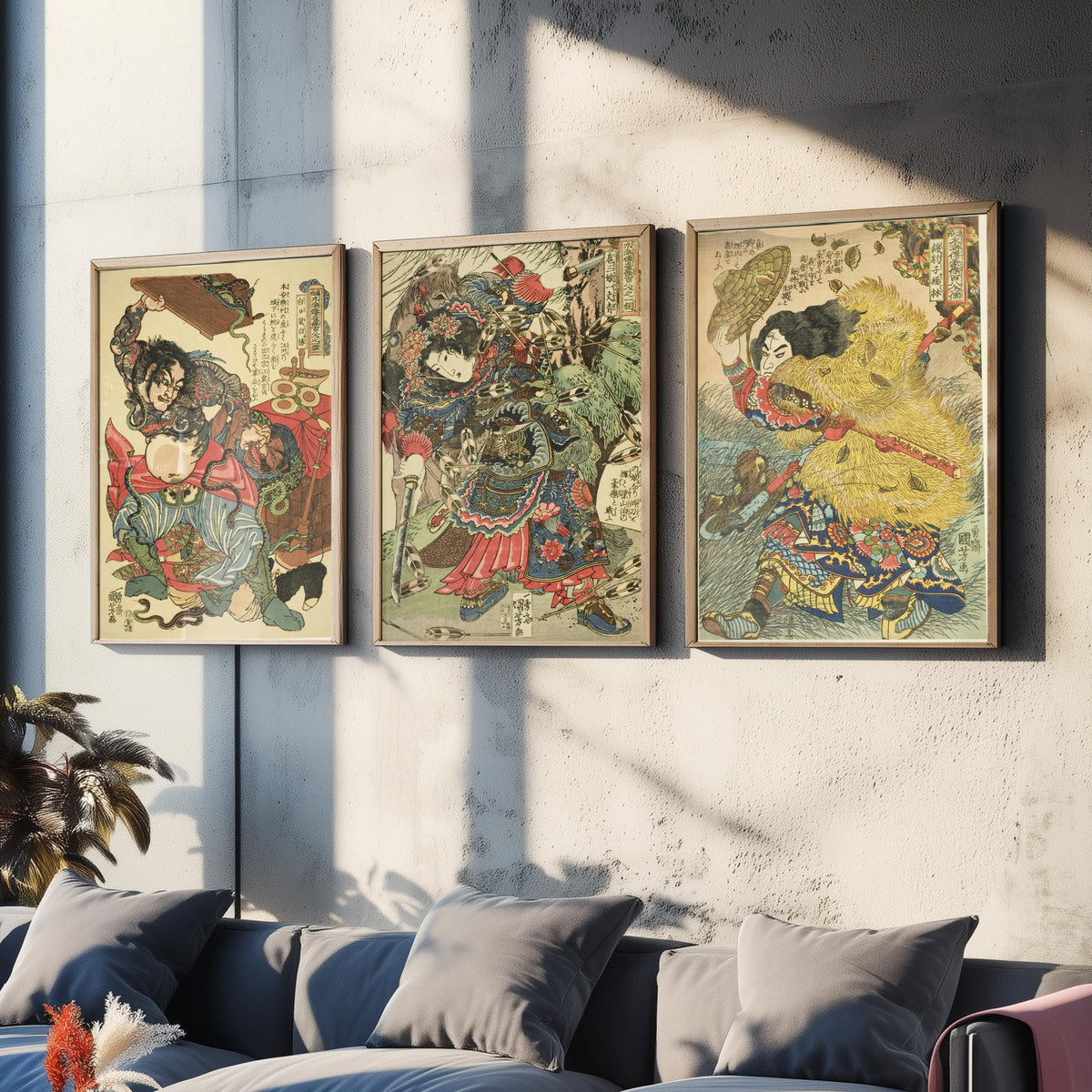 Kuniyoshi Suikoden Heroes Set of Three Art Prints - Bai Sheng, Hu Sanniang, Yang Lin - Japanese Warrior Woodcut Poster