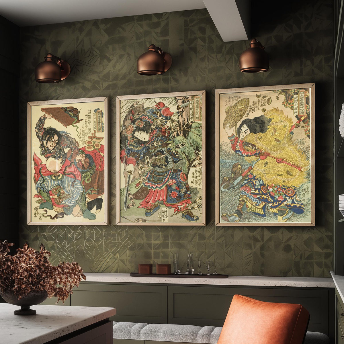 Kuniyoshi Suikoden Heroes Set of Three Art Prints - Bai Sheng, Hu Sanniang, Yang Lin - Japanese Warrior Woodcut Poster
