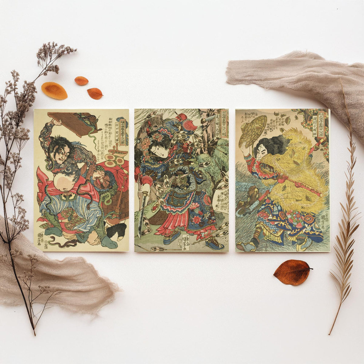 Kuniyoshi Suikoden Heroes Set of Three Art Prints - Bai Sheng, Hu Sanniang, Yang Lin - Japanese Warrior Woodcut Poster