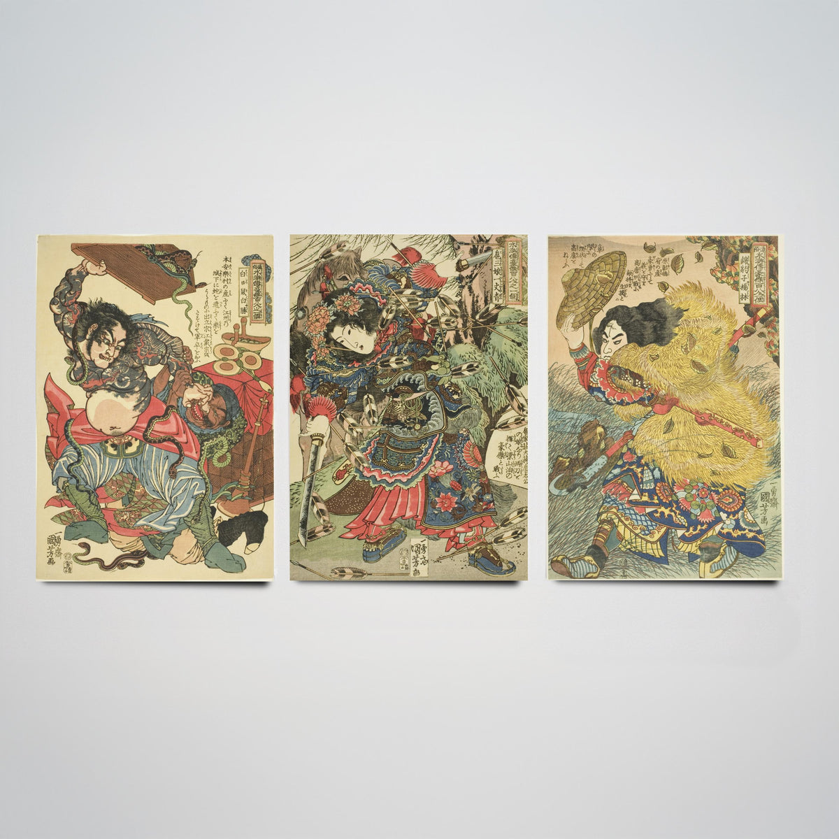 Kuniyoshi Suikoden Heroes Set of Three Art Prints - Bai Sheng, Hu Sanniang, Yang Lin - Japanese Warrior Woodcut Poster