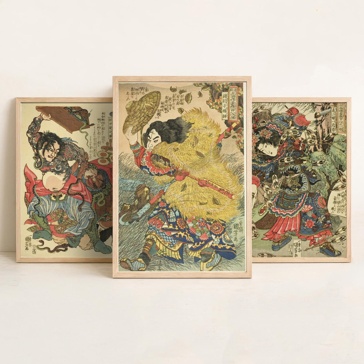 Kuniyoshi Suikoden Heroes Set of Three Art Prints - Bai Sheng, Hu Sanniang, Yang Lin - Japanese Warrior Woodcut Poster